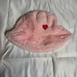 Women's Claire's Pink Faux Fur Bucket Hat with Red Heart One Size